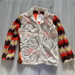 Upcycled Vintage Crocheted Cardigan Sweater- Orange, Cream & Brown